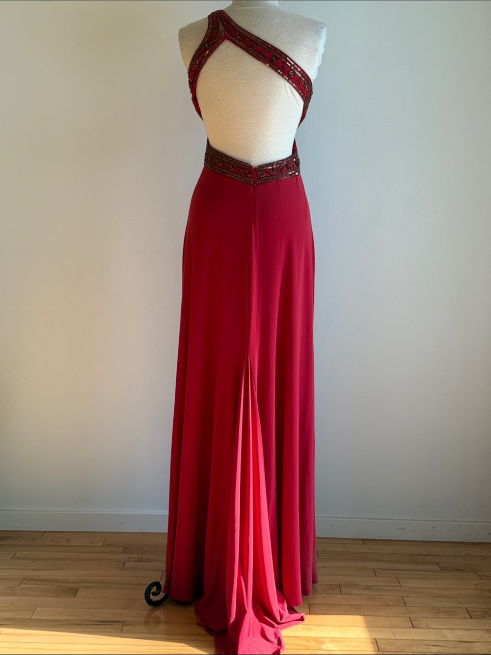 Asymmetrical One-Shoulder Red Evening Gown with Beaded Waist - Picture 4 of 9